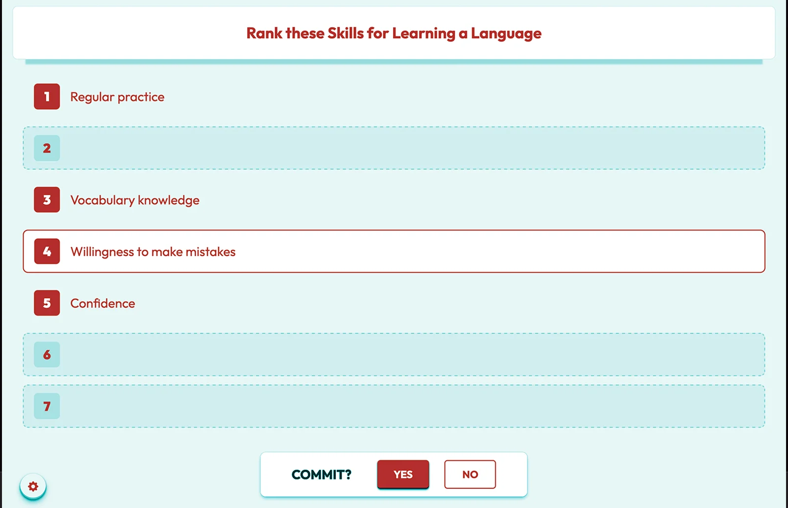 The Commit activity: rank these skills for learning a language.