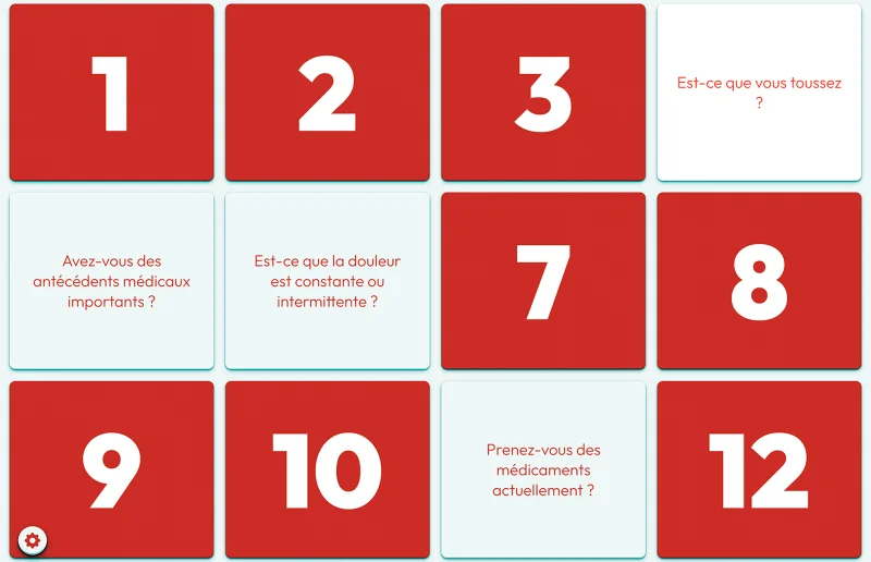The Board activity: French role-play questions revealed card by card.