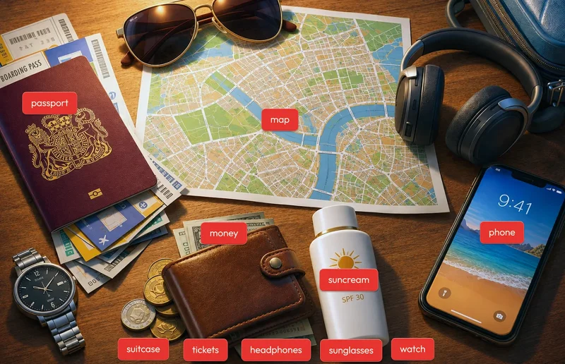 The Move activity: travel vocabulary labelled on a picture.